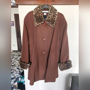 LIMITED Womens Brown Wool Coat with Faux Leopard Trim